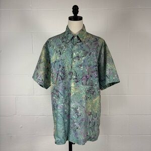 Rum Reggae Cabana Camp Shirt Green Purple Batik Palm Frond 100% Woven Cotton M